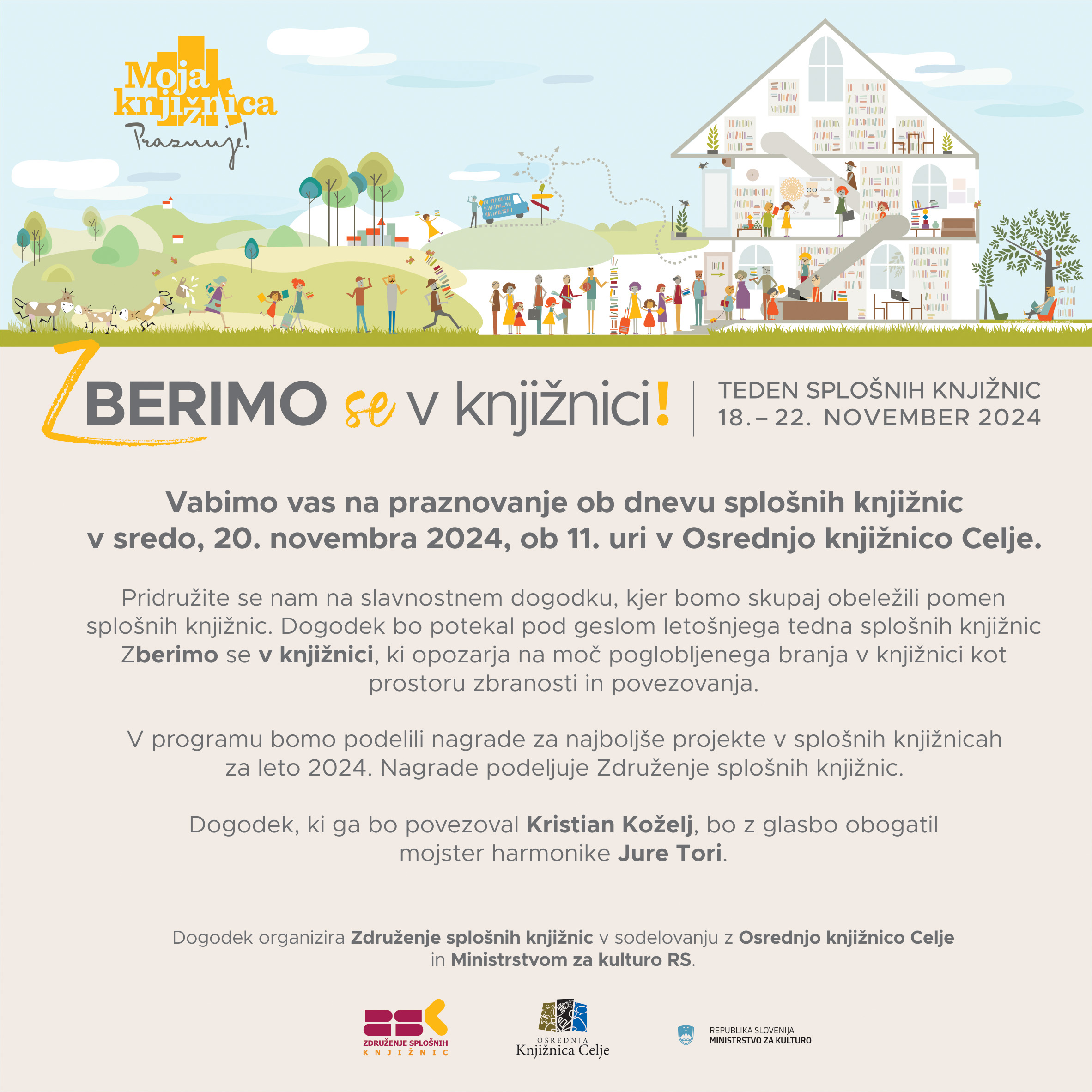 Zberimo se v knjižnici! Teden splošnih knjižnic, 18. - 22. november 2024 Vabilo na praznovanje v Celje, 20. 11. 2024