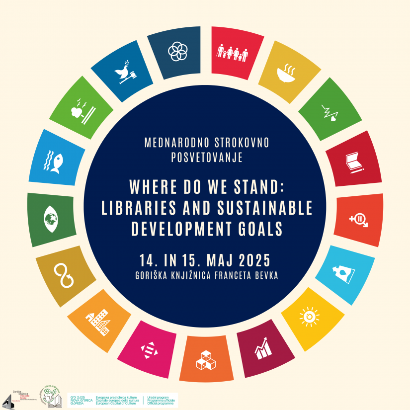 Logotip Mednarodno strokovno posvetovanje Where do we stand: Libraries and sustainable development goals; 14. in 15. maj 2025, Goriška knjižnica Franceta Bevka