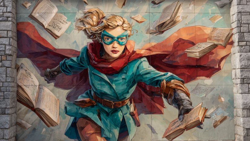 Ilustracija junakinje z očalno masko in rdečim plaščem, ki leti med lebdečimi knjigami.